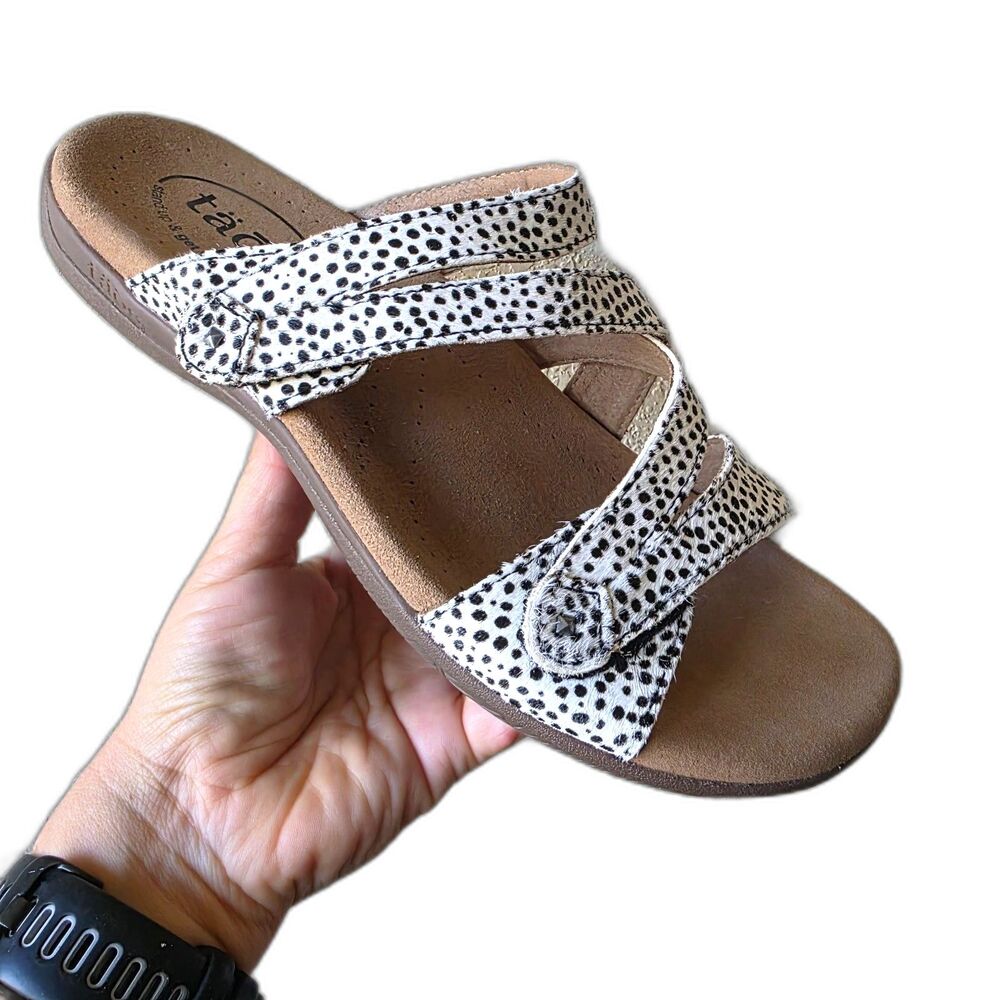 Taos Women's US 8 Leather Adjustable Slide Sandals Calfhair White Polka Dot